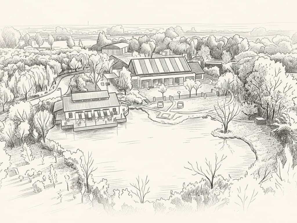 Ilustración a lápiz de Astilleros Milberg: la laguna, el gazebo del muelle y el salón principal con su techo a dos aguas